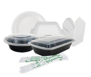 Assorted takeout containers and utensils including plastic bowls