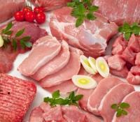 Variety of raw pork cuts arranged on a surface