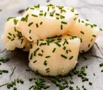 Fresh, uncooked scallops garnished with chopped chives