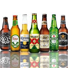 A variety of beer bottles displayed in a row