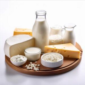 Assorted dairy products including milk, cheese, and yogurt